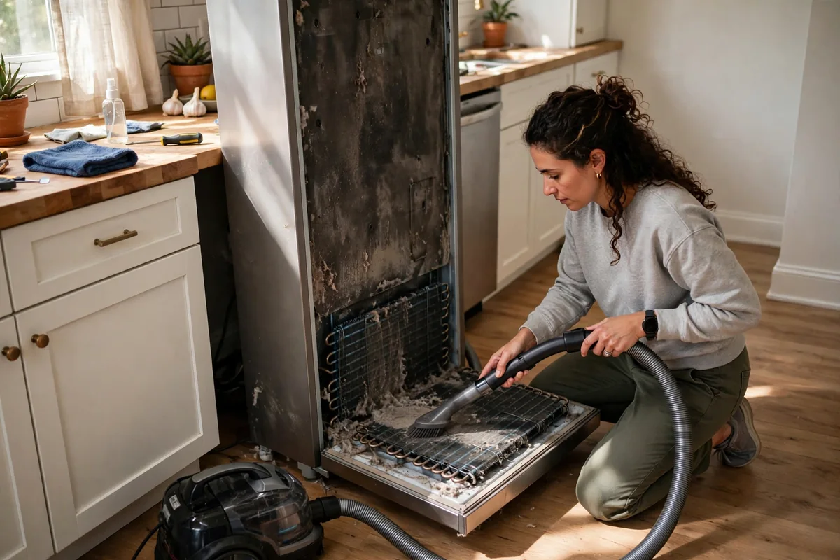 Vacuuming Refrigerator Condenser Coils for Summer Maintenance Person vacuuming dust from refrigerator condenser coils as summer maintenance in Kuwait