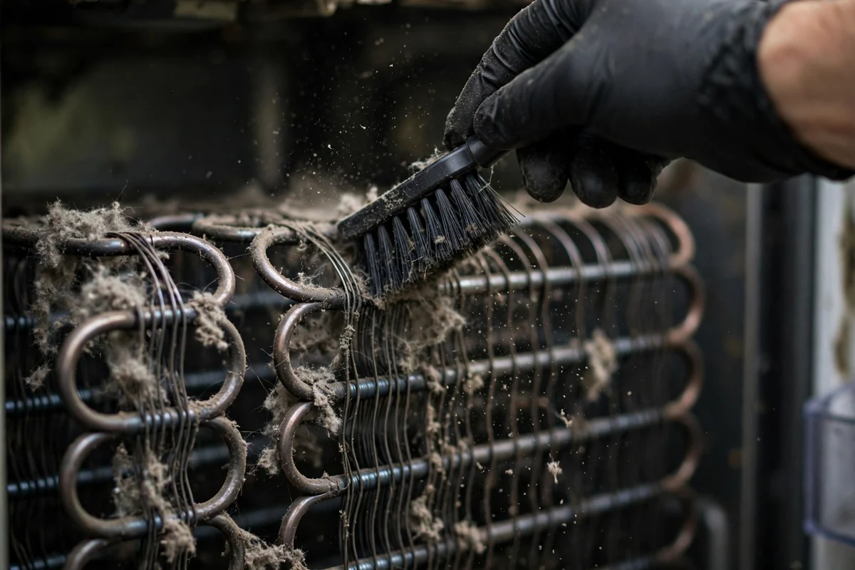 Cleaning Dirty Refrigerator Condenser Coils Technician cleaning dusty condenser coils at the back of a refrigerator to fix cooling problems