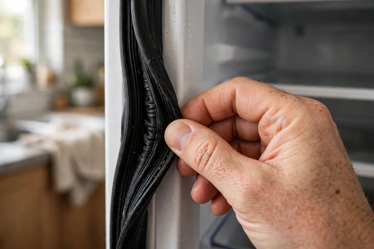 Inspecting Refrigerator Door Seal Gasket Hand inspecting the rubber door gasket seal of an open refrigerator for cooling issues