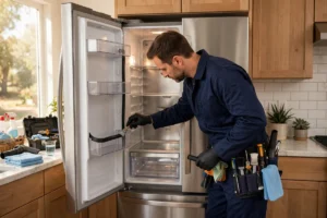 Technician performing preventive refrigerator maintenance service in Kuwait home kitchen