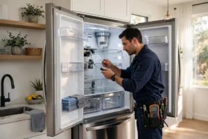 Certified technician repairing a refrigerator during a fridge repair service in Kuwait