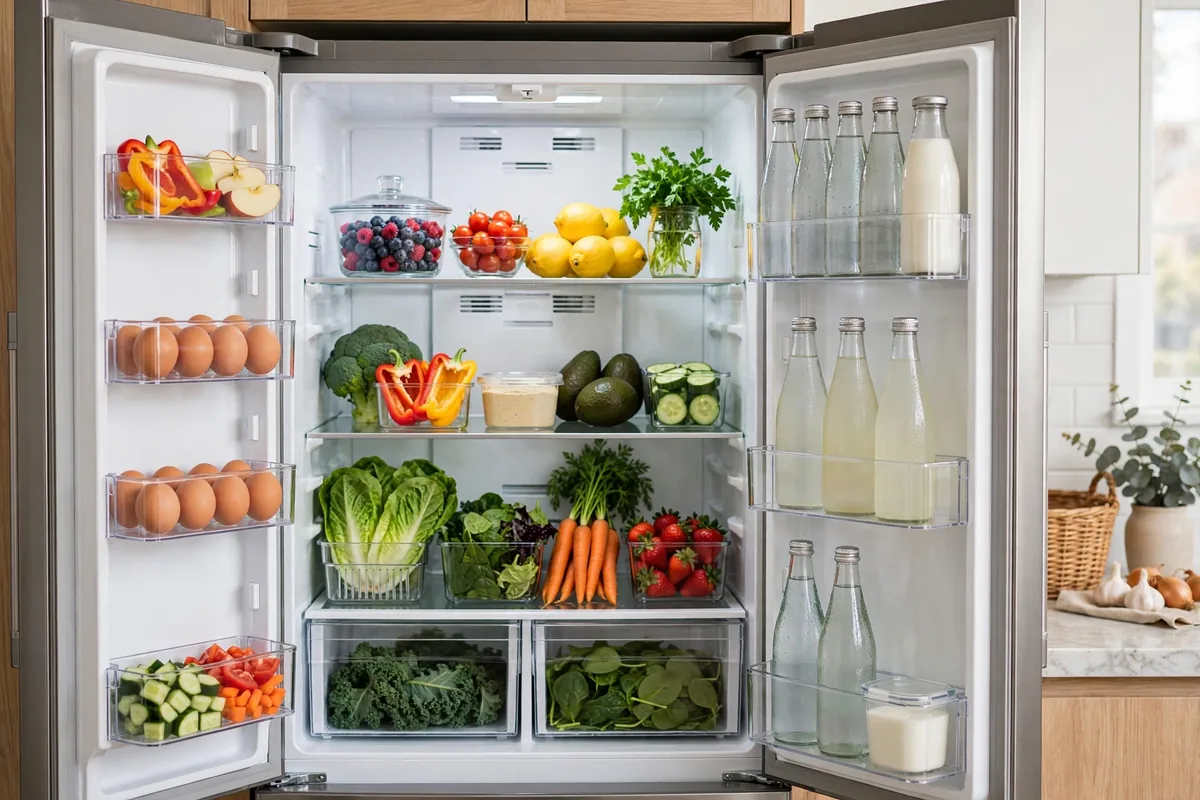 Properly Organized Refrigerator for Better Airflow Well organized refrigerator interior with proper food arrangement for air circulation