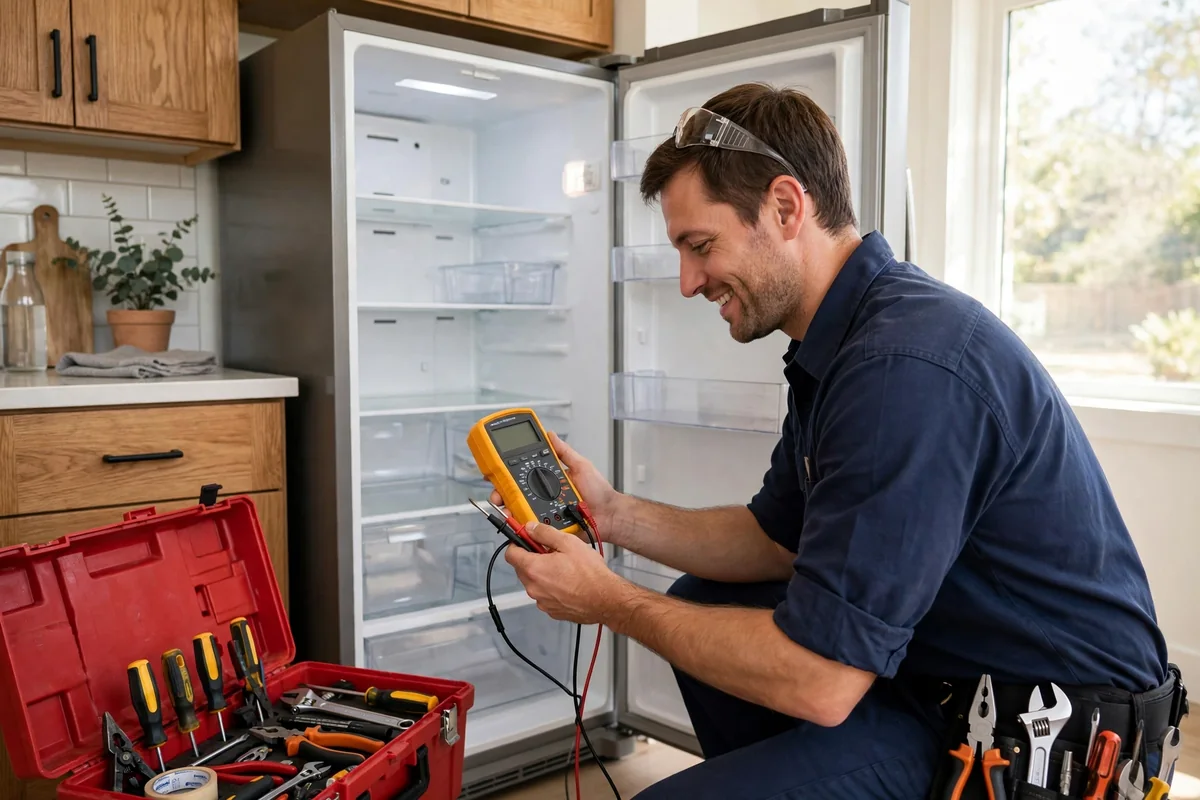 Professional Fridge Diagnosis at Home in Kuwait Technician diagnosing refrigerator cooling problem with a digital multimeter in Kuwait home